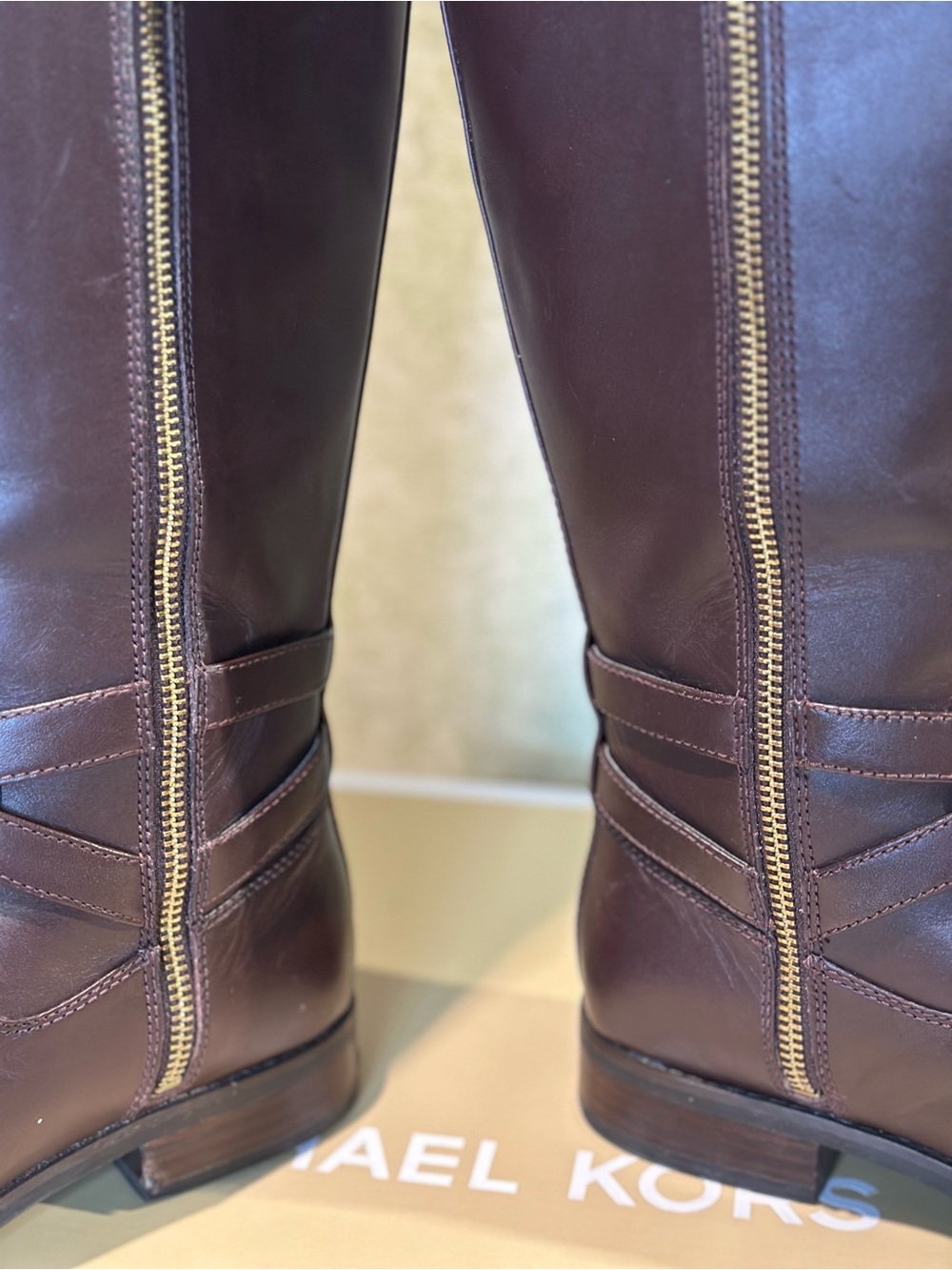 Michael Kors Fulton Harness Brown Leather Tall Riding Boots Gold MK Logo Sz 6 - Picture 8 of 8